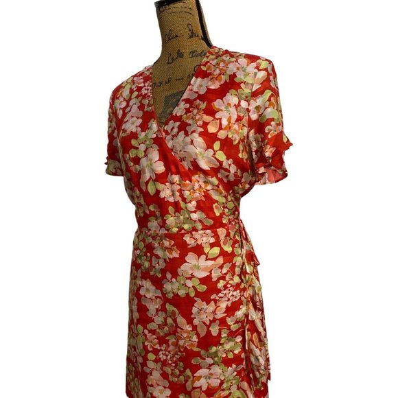 J Jill M Wrap Dress Viscose Coral Green White Pink Floral Flutter Sl Ruffle Trim - Picture 3 of 9